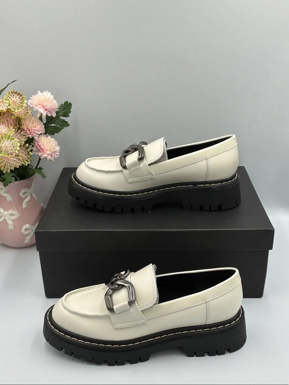 Marc Fisher Cream Leather Lug-Soled Loafers with Silver Chain